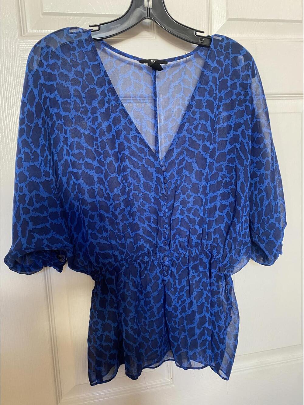 XXI Blue Patterned Sheer Blouse with Button Detail Sma;;